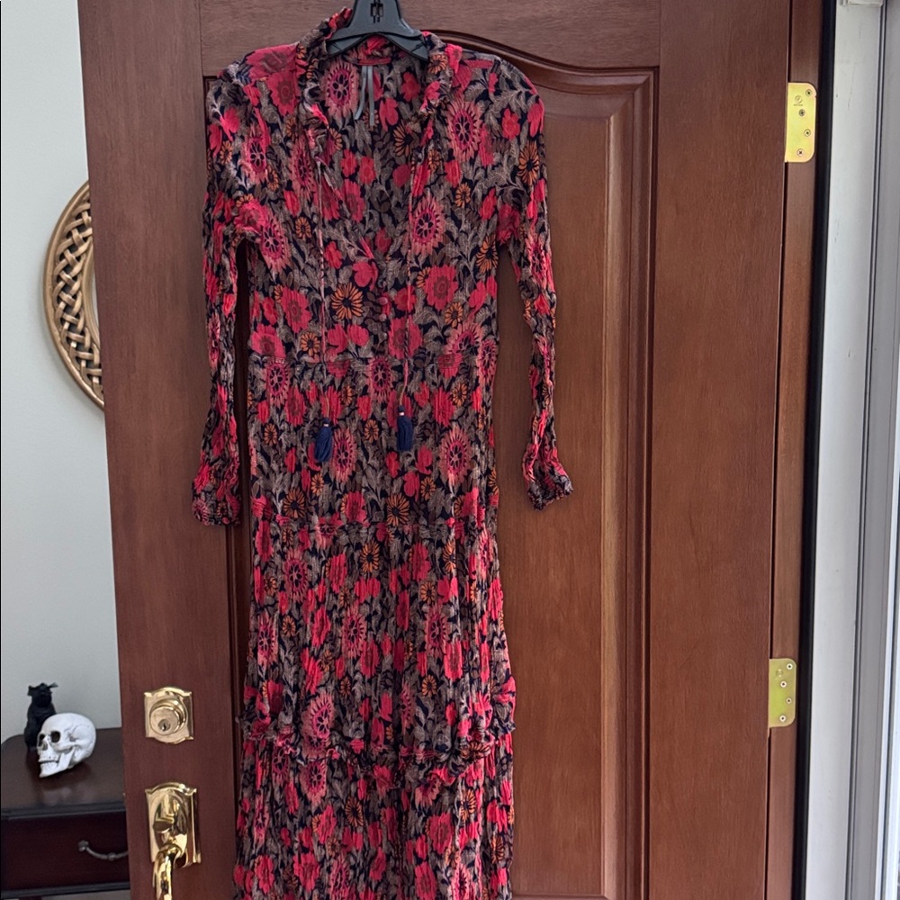 Anthropologie Marais Red Floral Long Sleeve Tiered Dress
